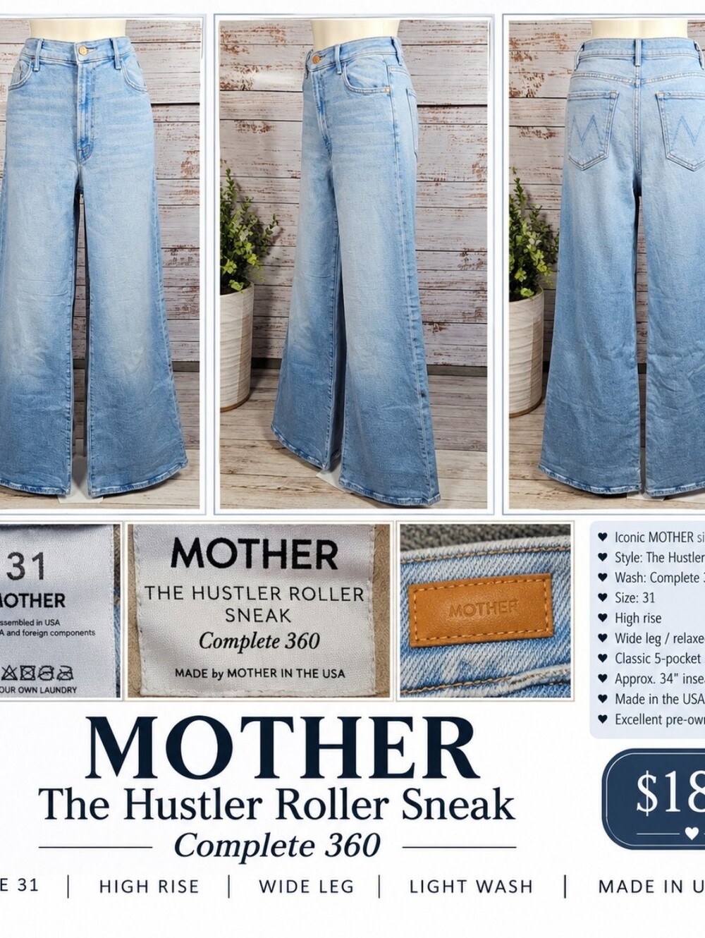 MOTHER The Hustler Roller Sneak High Rise Wide Leg Jeans 31 Complete 360